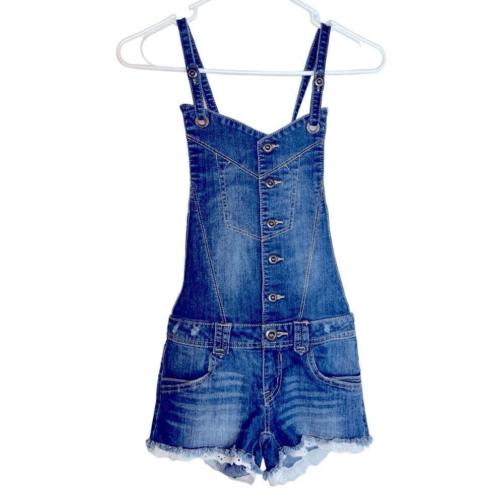 Jolt Overall Shorts crochet trim dark wash XS